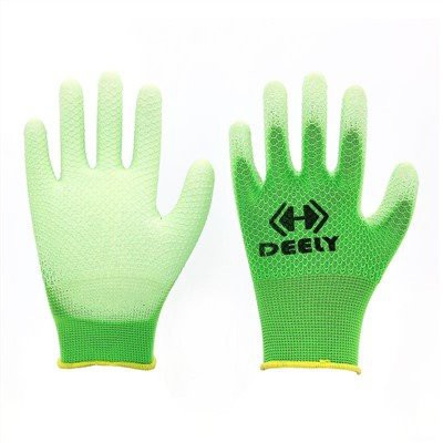 ถุงมือเคลือบ PU สีเขียวสับปะรดโพลีเอสเตอร์สีเขียว